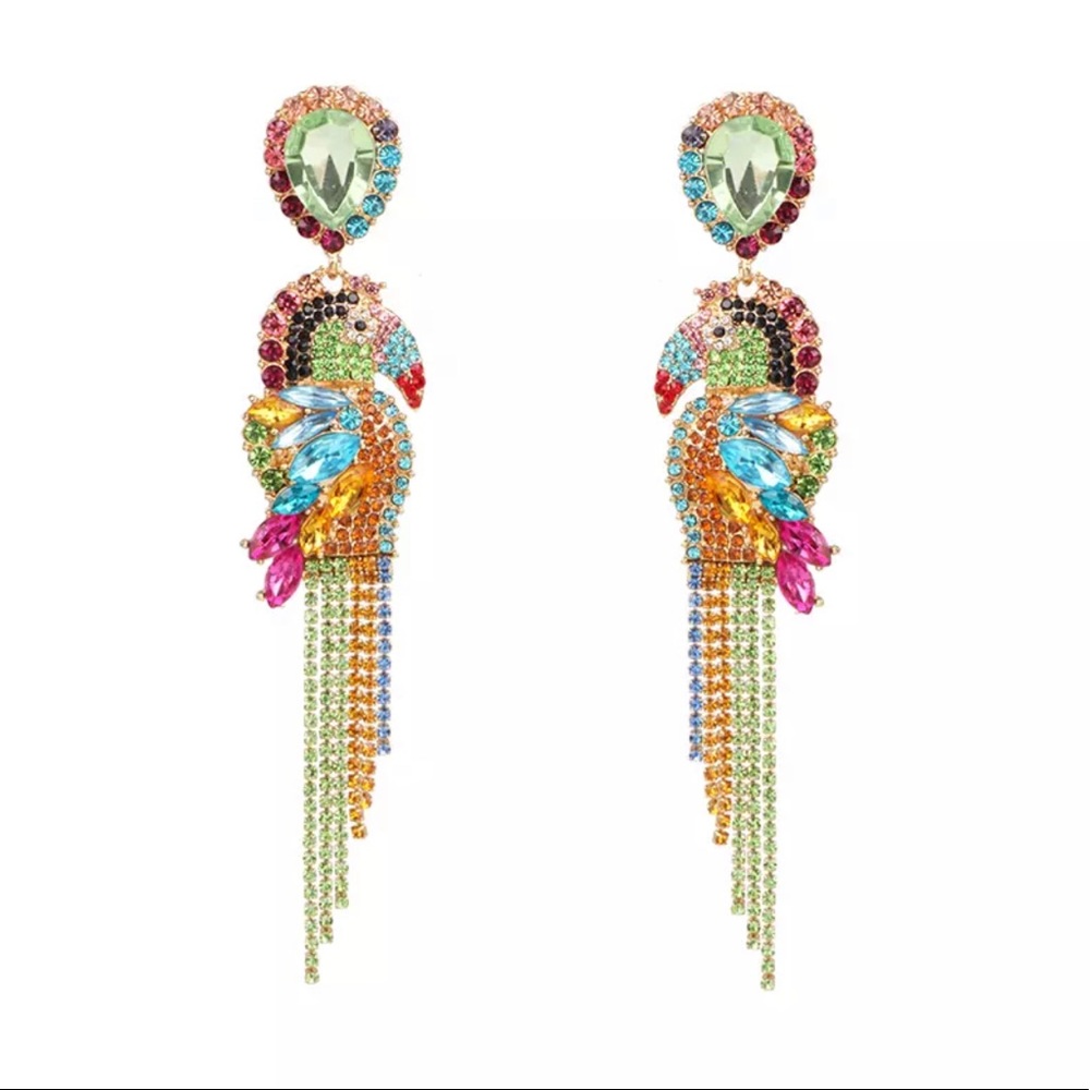 Colorful Rainbow Rhinestone Bird Earrings